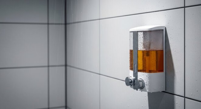Wall-mounted liquid soap dispenser in a modern, clean shower cubicle with water droplets and tiled walls, offering hygiene and copy space.