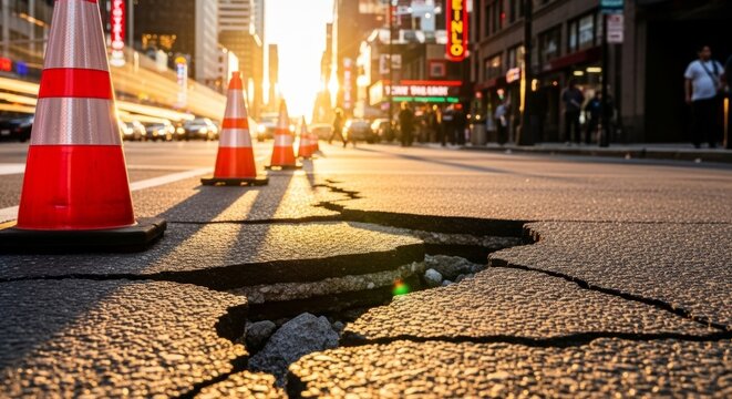 Cracked Asphalt Road with Safety Cones, Golden Hour Sunlight in Urban Downtown City Street