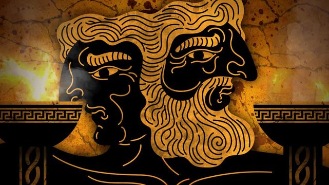 janus roman god with two faces between two torches
