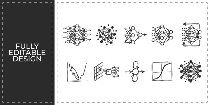 Scientific research data and complex graphs hand drawn vector icons set featuring network plots and parabolic charts for laboratory discovery and math design