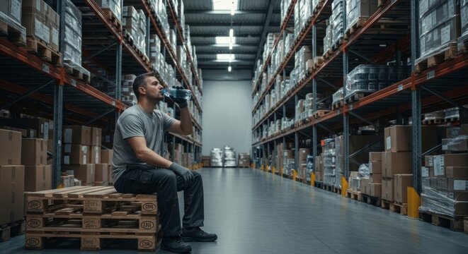 Warehouse Worker Pauses for Refreshment, Drinking Water on Pallet in Storage Facility