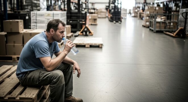 Tired Warehouse Worker Drinks Water Resting on Pallet in Busy Distribution Center