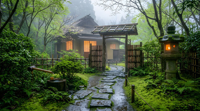 Japanese Tea Garden Roji Spring Rain Chashitsu Fresh Green Moss Mist