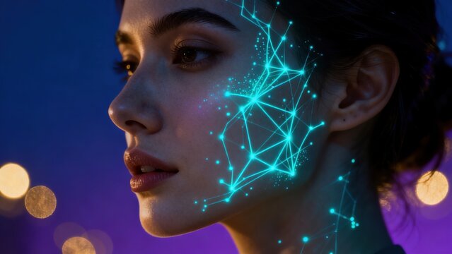 Woman with glowing digital face pattern