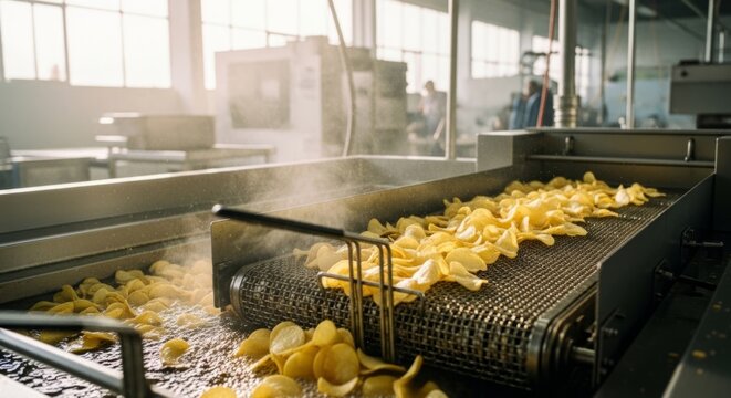 Crispy potato chips frying in industrial deep fryer on conveyor belt, food production facility