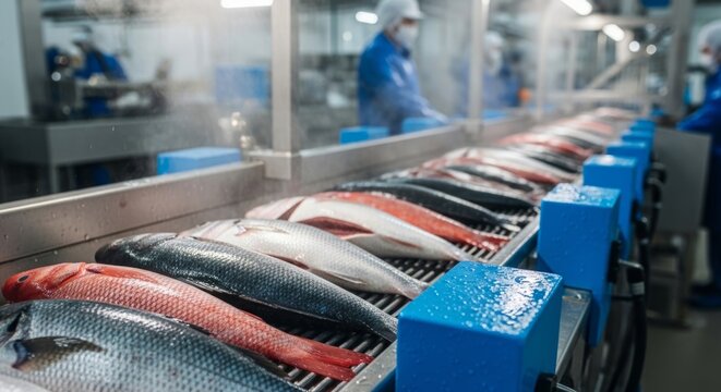 Fresh whole fish processed on automated production line in modern seafood factory, highlighting food industry technology and hygiene