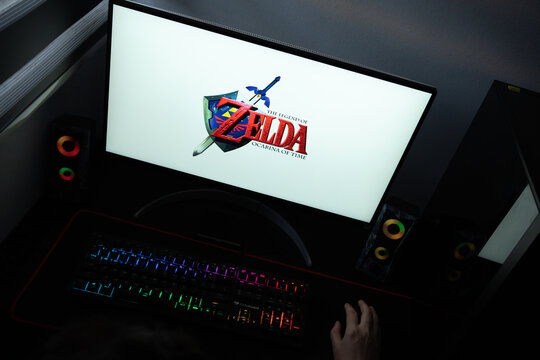 Punta Arenas, Chile &ndash; June 17, 2026: A desktop PC monitor showing Nintendo's classic title branding for The Legend of Zelda: Ocarina of Time on a white background