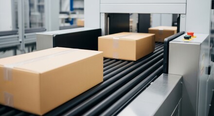Fototapeta premium Cardboard packages move on a conveyor belt through an industrial inspection scanner in a modern logistics facility.