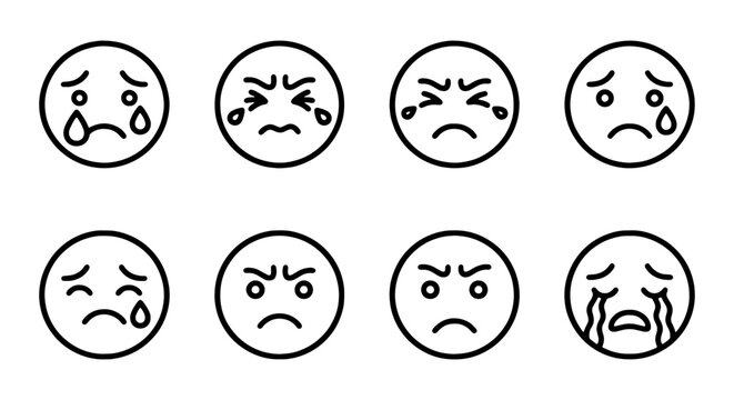 Sad and Angry Emoticons, Crying Faces, Negative Emotions, Vector Icons Set