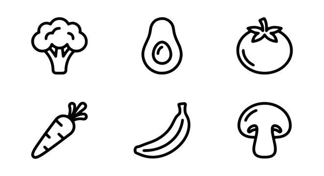 Minimalist Line Art Icons: Fresh Produce Collection, 6 Simple Vector Graphics for Healthy Eating and Food Concepts