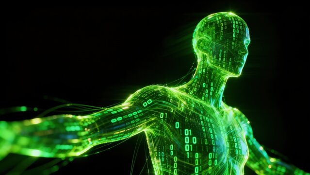 Digital human figure with binary code