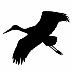 Obraz premium Flying stork black silhouette icon. Wild bird with spread wings vector illustration. Nature and wildlife graphic element isolated on white