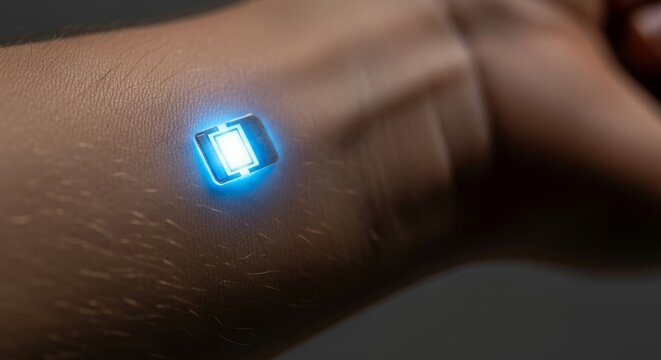 Futuristic biochip implant glows neon blue under skin, representing human augmentation and advanced technology
