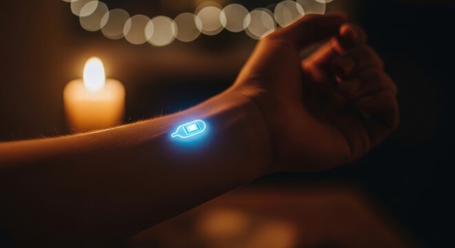 Glowing blue biochip implant under skin on wrist with candle light, futuristic human augmentation concept