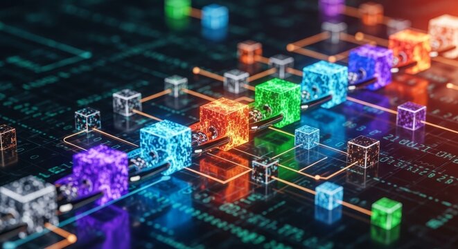 Glowing digital blocks in a futuristic network, visualizing secure blockchain crypto transactions and data flow in cyberspace