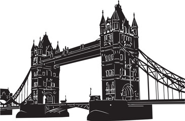 Obraz premium Black and white illustration of historic tower bridge over river in minimalist line art style, Generative Ai