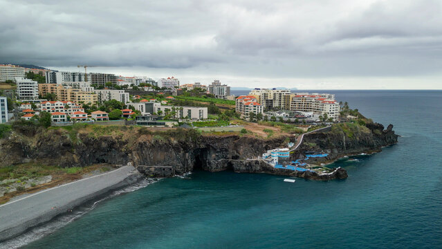 Doca do Cavacas aerial drone view of natural pools and cliffs in Madeira Portugal