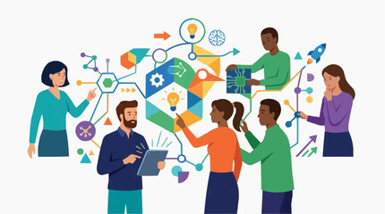 Fototapeta premium Illustration of collaborative innovation, with various professionals sharing ideas through connected geometric elements, isolated on a white background.