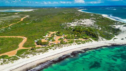 Obraz premium Jurien Bay's Sandy Cape Reserve from above: a serene escape with turquoise waters and sandy shores