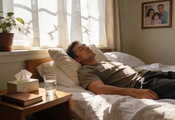 Fototapeta premium Male resting on bed in a sunlit bedroom, with a glass of water, books, and a potted plant on a bedside table, family photo visible on the wall
