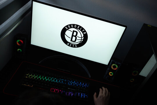 Punta Arenas, Chile &ndash; June 12, 2026: The official black and white circular Brooklyn Nets basketball team logo displayed on a computer screen in a dark workspace setup