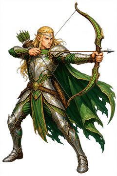 Male Elf archer wearing elegant green and silver armor, holding a bow and arrow, fantasy character design showcasing agility, precision, and heroic adventure themes. Image
