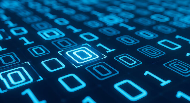 Glowing blue binary code numbers representing digital data transmission and computer programming processes displayed on a dark futuristic virtual surface