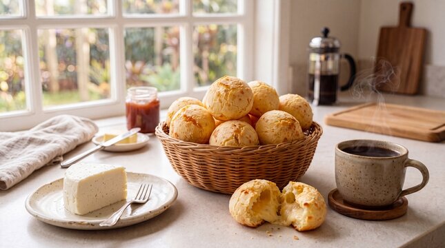 A cozy breakfast scene featuring a basket of warm Brazilian p&atilde;o de queijo, fresh cheese, jam, and a steaming cup of coffee in a sunlit kitchen.