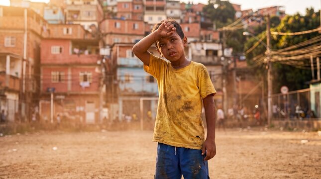 A young boy in a dirty yellow t-shirt wipes sweat from his brow after playing soccer on a dusty dirt field in a Brazilian favela during a sunny afternoon.
