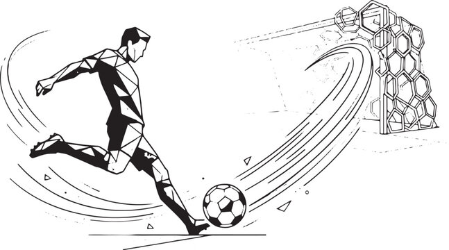 Soccer player kicking ball, football illustration, sports action, black and white vector