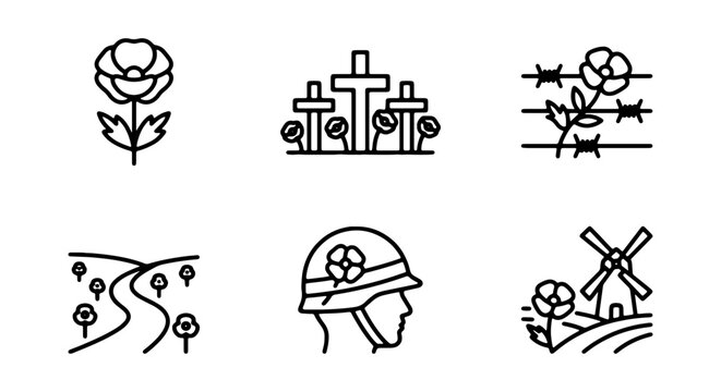 Remembrance Day Poppy Icons, Military Helmet & Cemetery Graphics, War Memorial & Landscape Vector Set, Symbolic Poppy Flower & Barbed Wire Elements