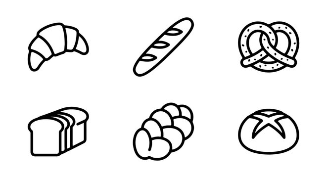Bakery Icons Set, Fresh Bread Collection, Croissant, Pretzel, Loaf, Baguette, Braided Bread, Round Bread, Simple Line Art, Food Graphics