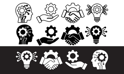 Obraz premium Business innovation and technology icon set with gears handshake and lightbulb