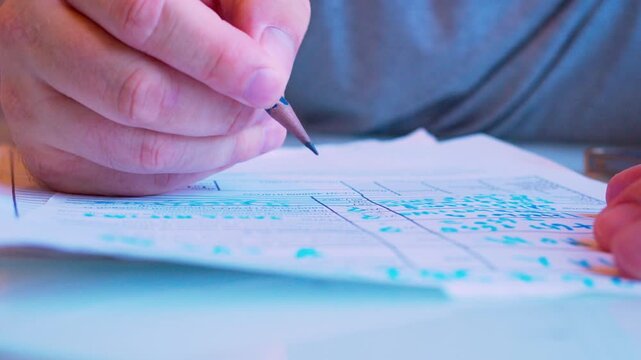 Hand filling out a paper document with a pen on a table. Close-up, shallow DoF, natural window light. Business planning.Paper work.
