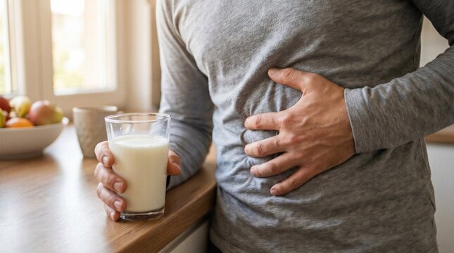 Man holding a glass of milk while clutching his stomach in kitchen, lactose intolerance, dairy sensitivity and digestive discomfort.