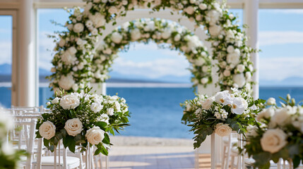 Fototapeta premium White floral archway decorated aisle indoors with rich green plant bouquets leading to an ocean view, elegant wedding ceremony setting concept, defocused, with copy space