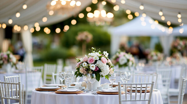 Outdoor wedding reception tent set with round tables, white chairs, floral centerpieces, and string lights and chandeliers, festive celebration event concept, defocused, with copy