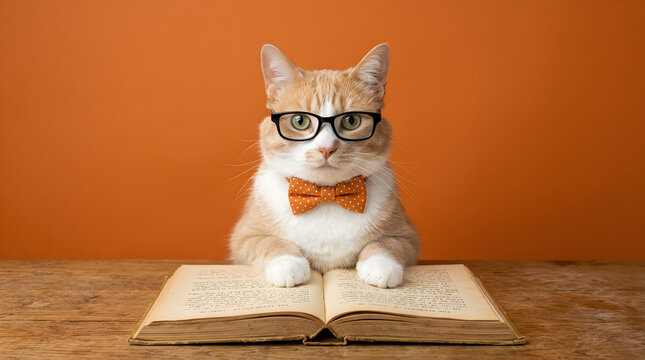 Smart Cat with Glasses and Bow Tie Reading a Book on Wooden Table.