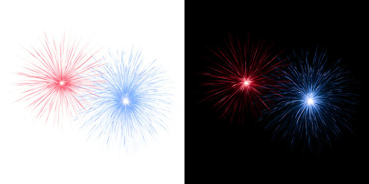 Bright Fourth of July fireworks with sparkling starbursts and patriotic colors. Festive celebration element for Independence Day designs isolated on transparent background. PNG image.