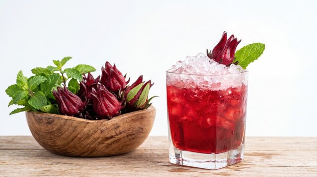 Refreshing hibiscus iced tea with fresh roselle flowers and mint on wooden table