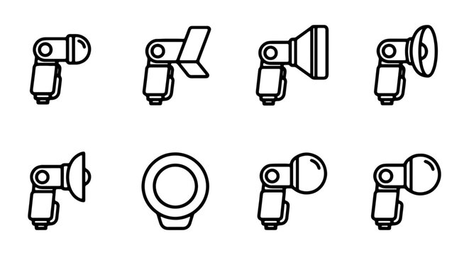 Photography Lighting Equipment Icons Set, Studio Flash and Speedlight Vector Graphics, Professional Camera Accessory Symbols for Creative Projects