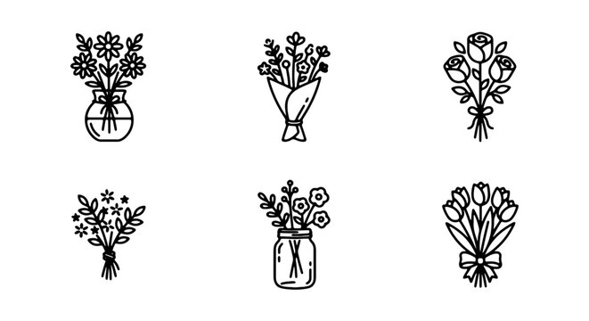 Minimalist Floral Bouquets Vector Icons, Delicate Flower Arrangements Set, Simple Line Art Botanical Designs for Greeting Cards and Invitations