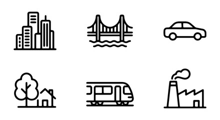 Naklejka premium Urban Cityscape Icons: Buildings, Bridge, Car, House, Train, Factory, Vector Graphics for Infrastructure and Transportation Themes