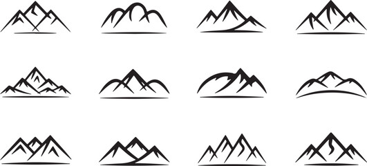 Set of hand drawn mountain peak icons and landscape sketches for outdoor adventure logo design isolated on transparent background, Vector, illustration © Mohammod Foysal SSF.
