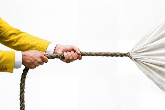 Business professional pulling a rope in a tug of war concept against white background