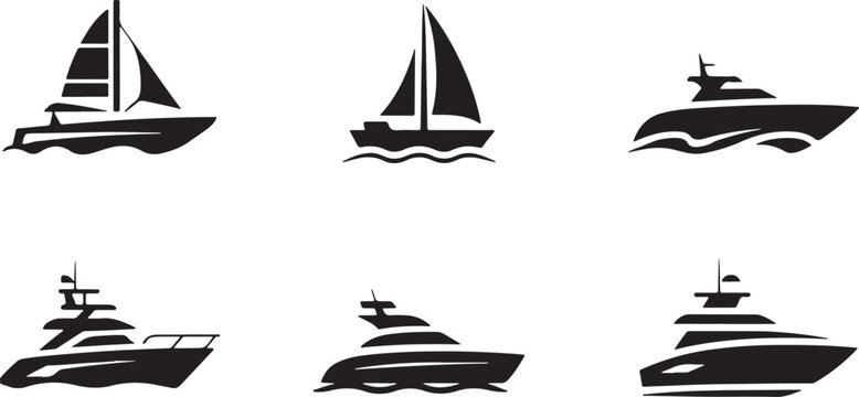 Set of black boat and yacht icons depicting various types of sailing vessels and motor ships isolated on transparent background, Vector, illustration