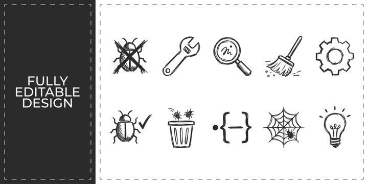 Computer bug fixing and maintenance hand drawn vector icons set featuring wrench magnifying glass and broom for software development and tech support design
