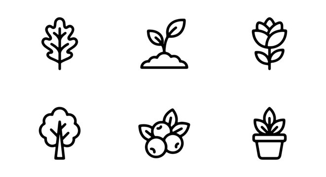 Nature Icons Set: Oak Leaf, Sprout, Rose, Tree, Berries, Potted Plant, Organic Elements, Botanical Graphics, Eco-Friendly Symbols, Simple Outline Vector Collection