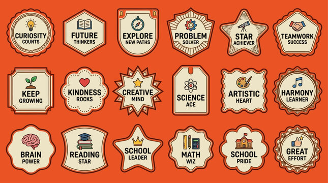 Collection of Educational Achievement Badges and Student Merit Rewards Featuring Diverse Vector Emblems for Academic Recognition