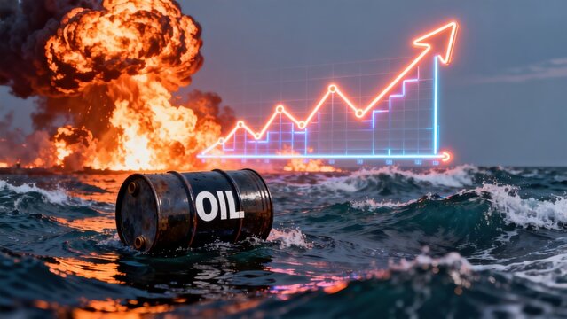 Oil barrel in ocean with explosion and graph